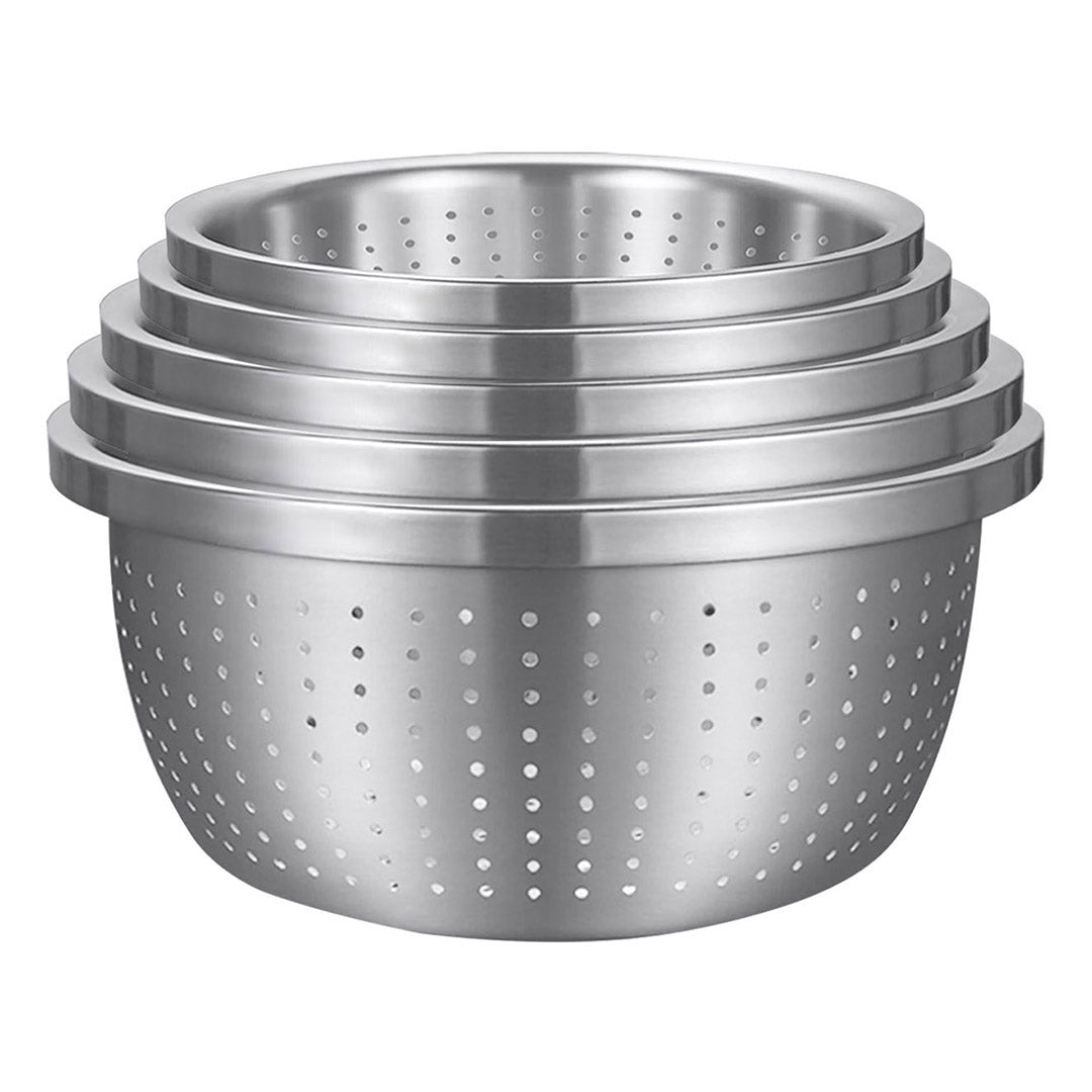 NNEAGS Stainless Steel Nesting Basin Colander Perforated Kitchen Sink Washing Bowl Metal Basket Strainer Set of 5
