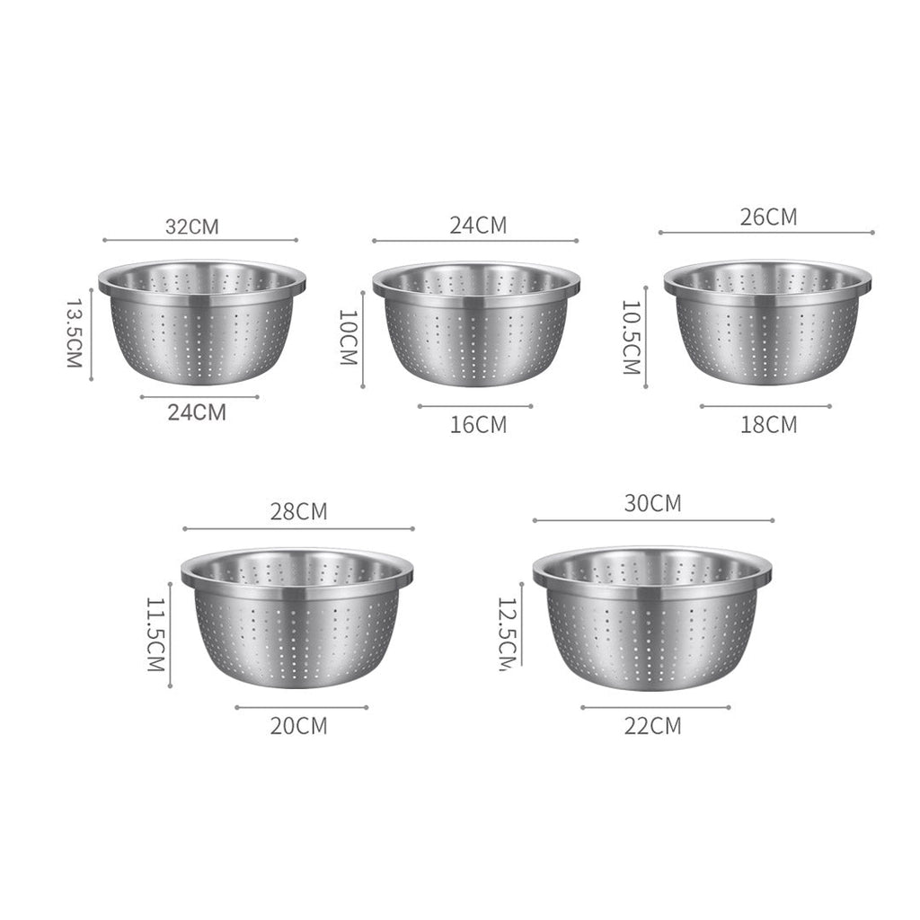 NNEAGS Stainless Steel Nesting Basin Colander Perforated Kitchen Sink Washing Bowl Metal Basket Strainer Set of 5