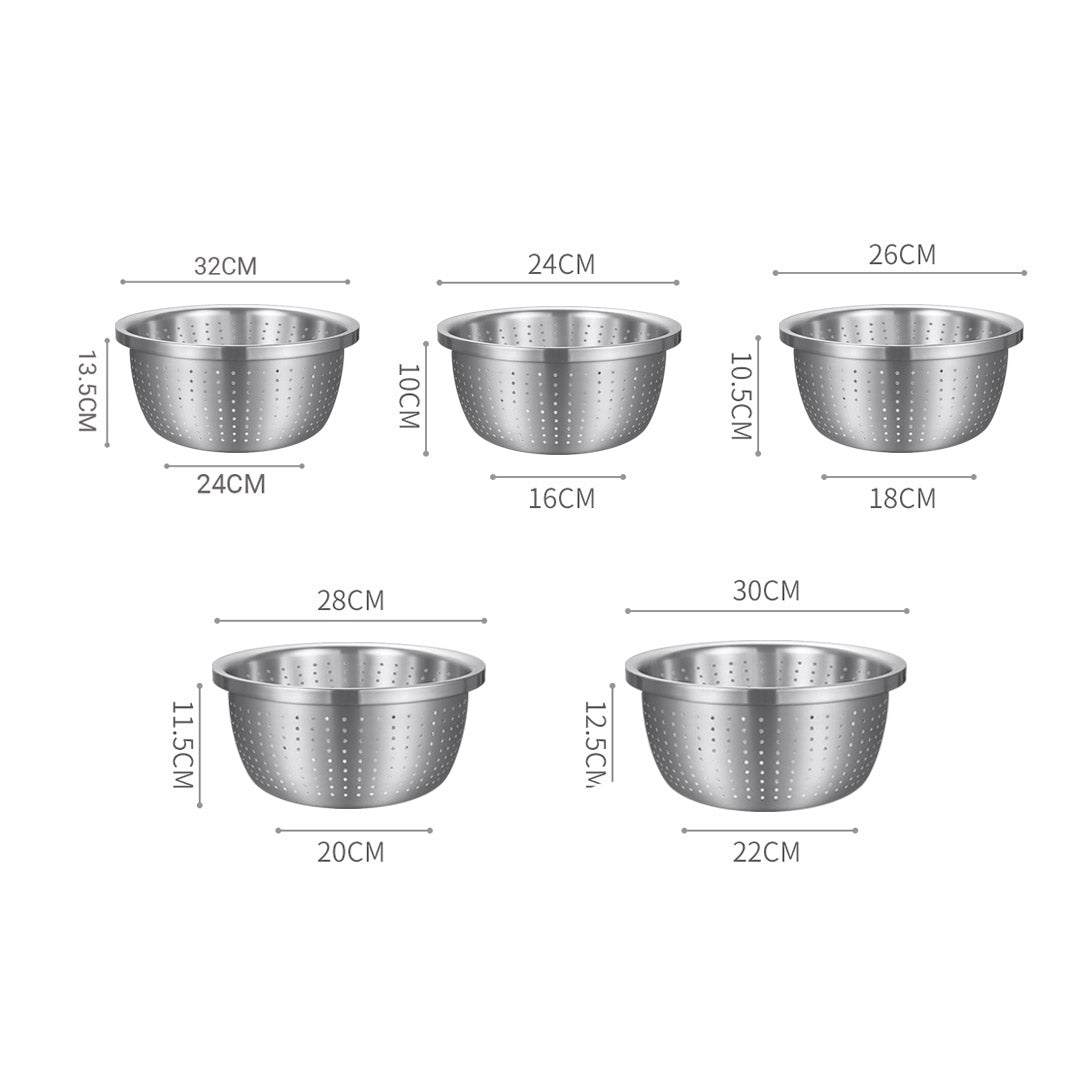 NNEAGS Stainless Steel Nesting Basin Colander Perforated Kitchen Sink Washing Bowl Metal Basket Strainer Set of 5
