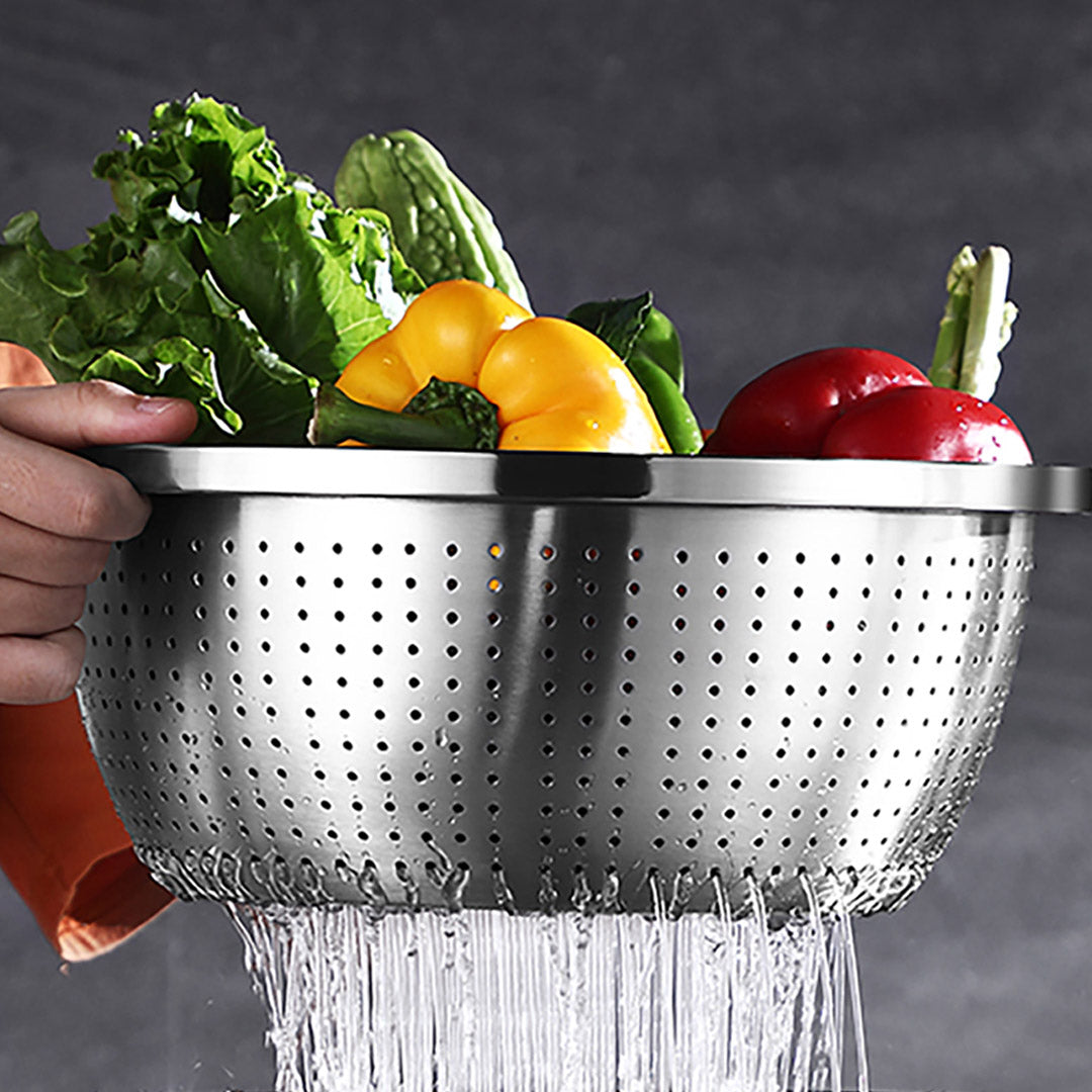 NNEAGS Stainless Steel Nesting Basin Colander Perforated Kitchen Sink Washing Bowl Metal Basket Strainer Set of 5