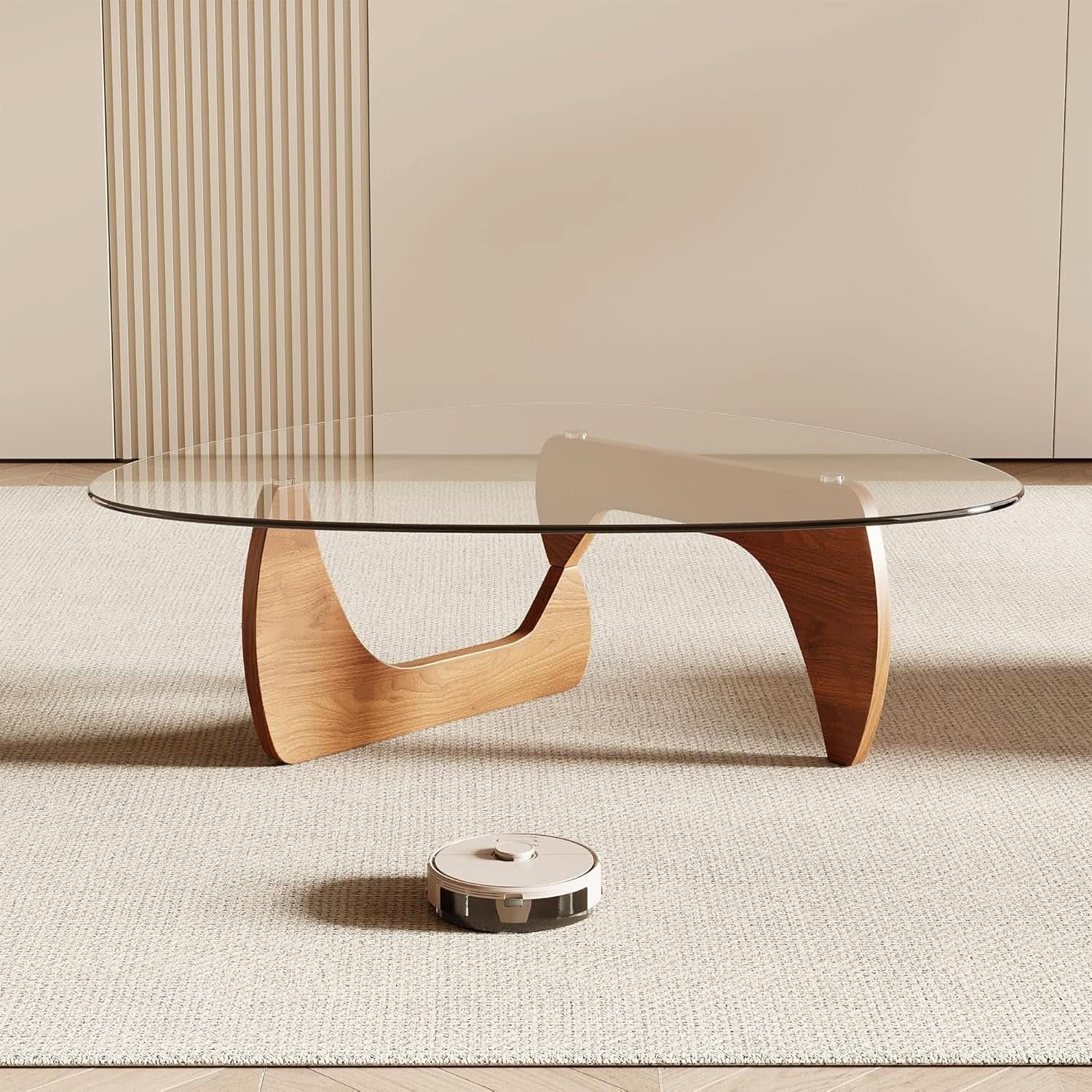 42.5 Inch Triangular Glass Coffee Table Natural Wood