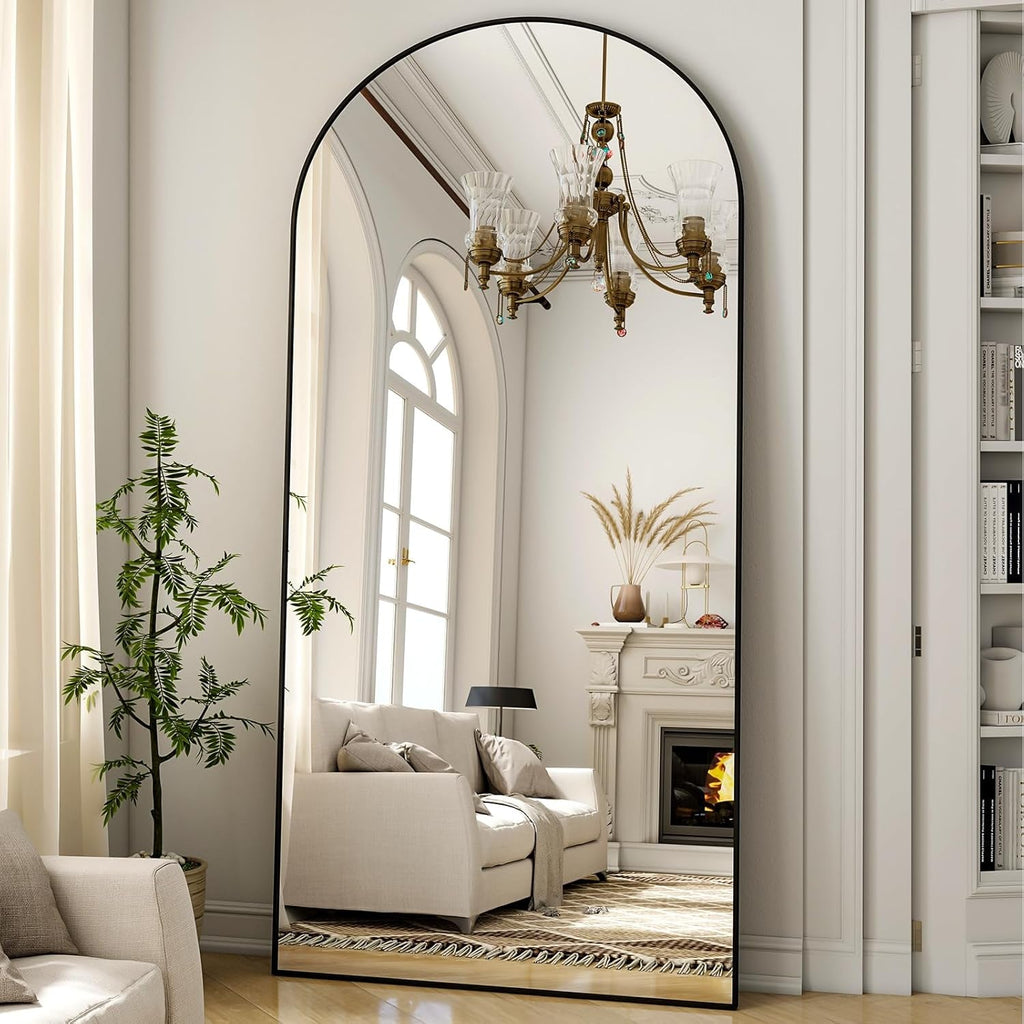 Arched Full Length Mirror 71x26 Inch Floor Standing Black Aluminum Frame