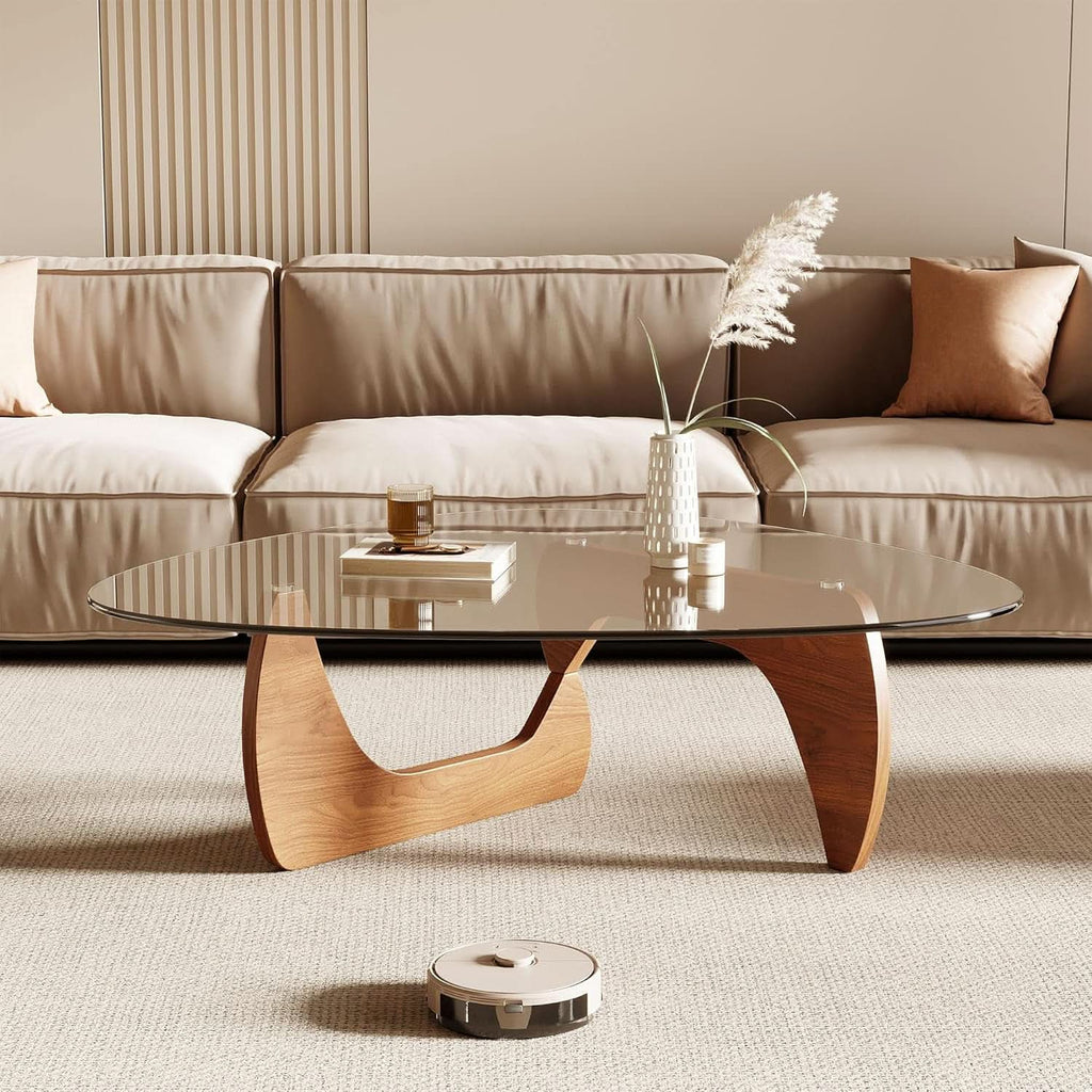 42.5 Inch Triangular Glass Coffee Table Natural Wood