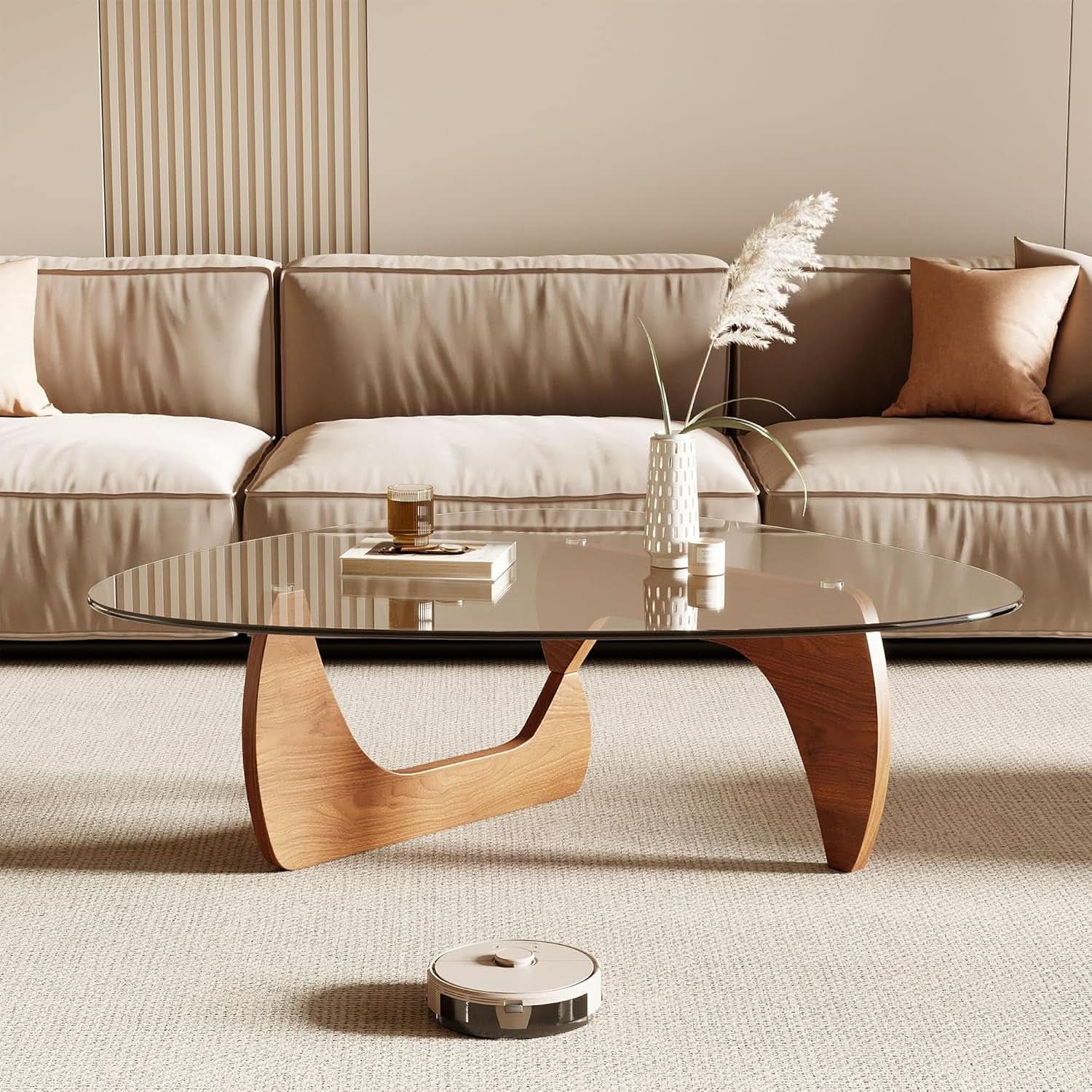 42.5 Inch Triangular Glass Coffee Table Natural Wood