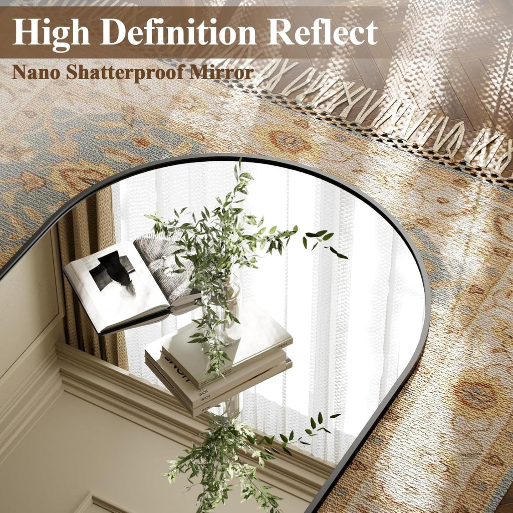 Arched Full Length Mirror 71x26 Inch Floor Standing Black Aluminum Frame