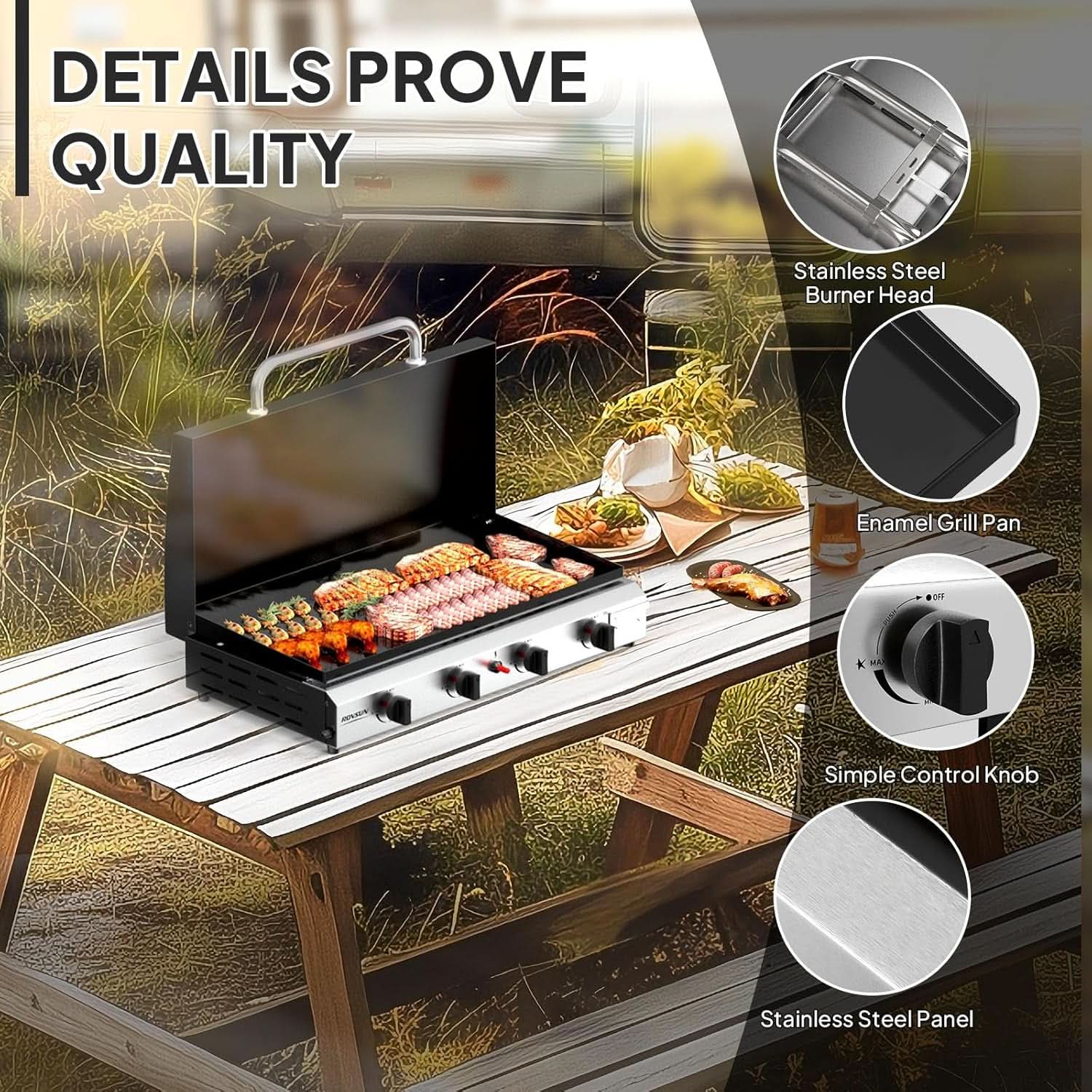 Stainless Four Burner Propane Table top Griddle Lid