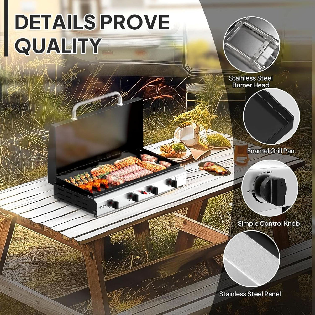 Stainless Four Burner Propane Table top Griddle Lid