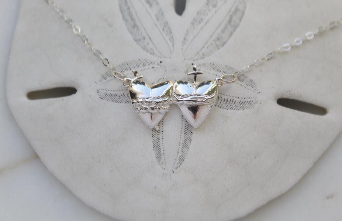 Sacred Heart and Immaculate Heart Necklace in Sterling Silver