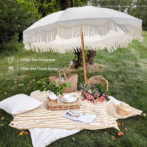 6ft5in Fringe Patio Umbrella AntiqueIvory PushTiltLock