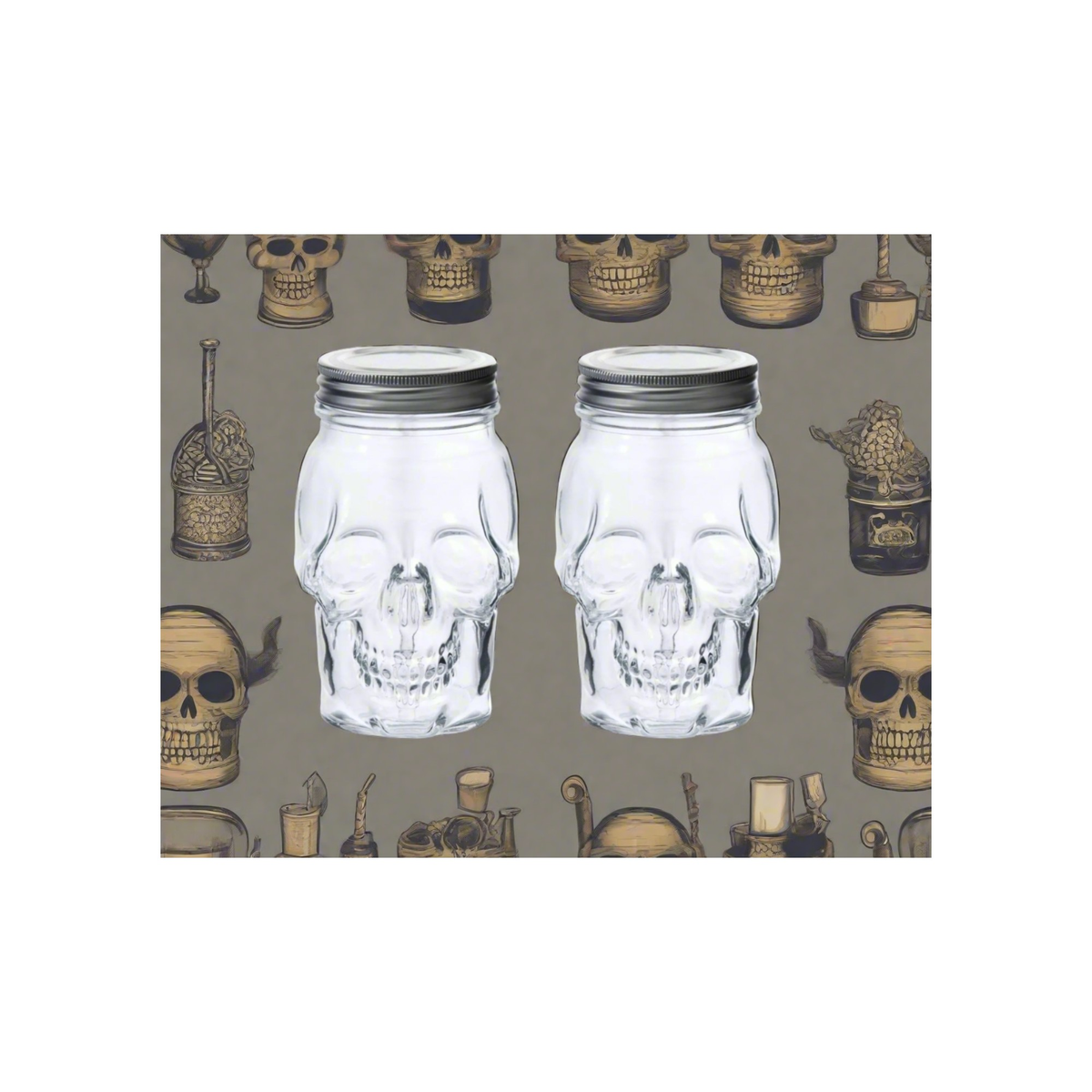 Skull Mason Jar with Lid, 4-Piece Set (2 skull Mason Jars & 2 Lids) 42oz, Clear