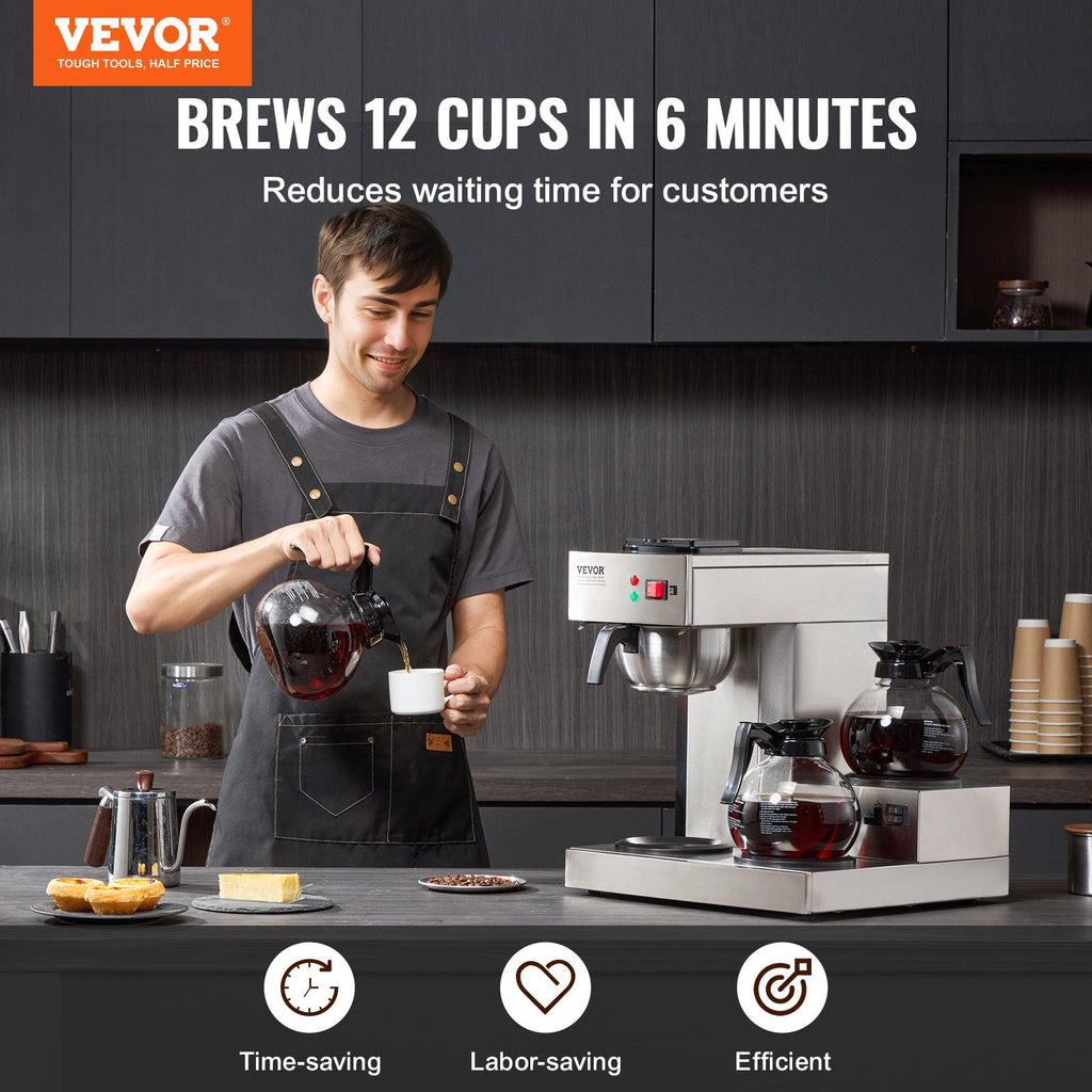 12 Cups Commercial Drip Coffee Maker With 3 Glass Carafes And 3 Warmers Office