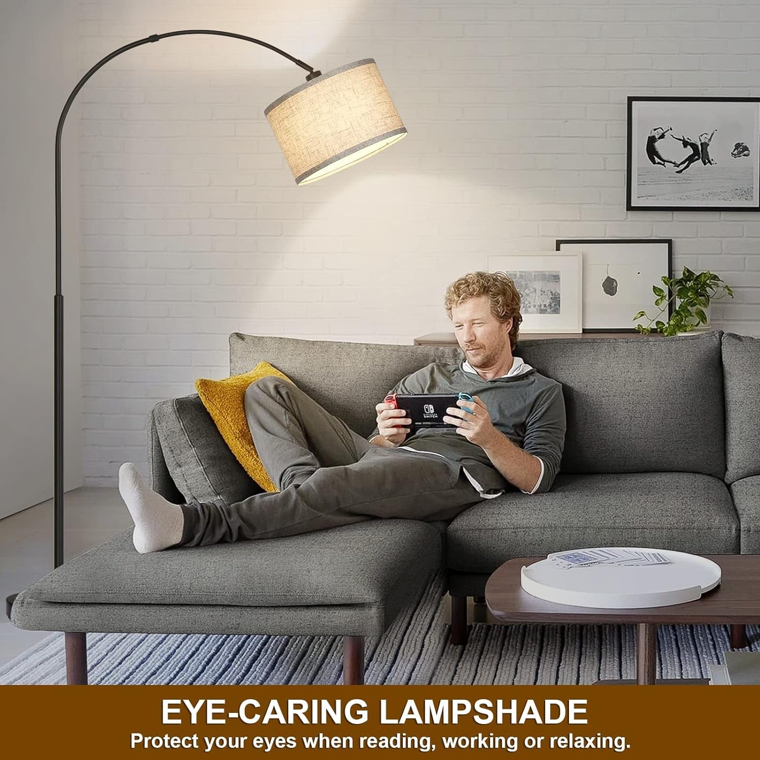Matte Black Arc Floor Lamp With Adjustable Shade Living Room