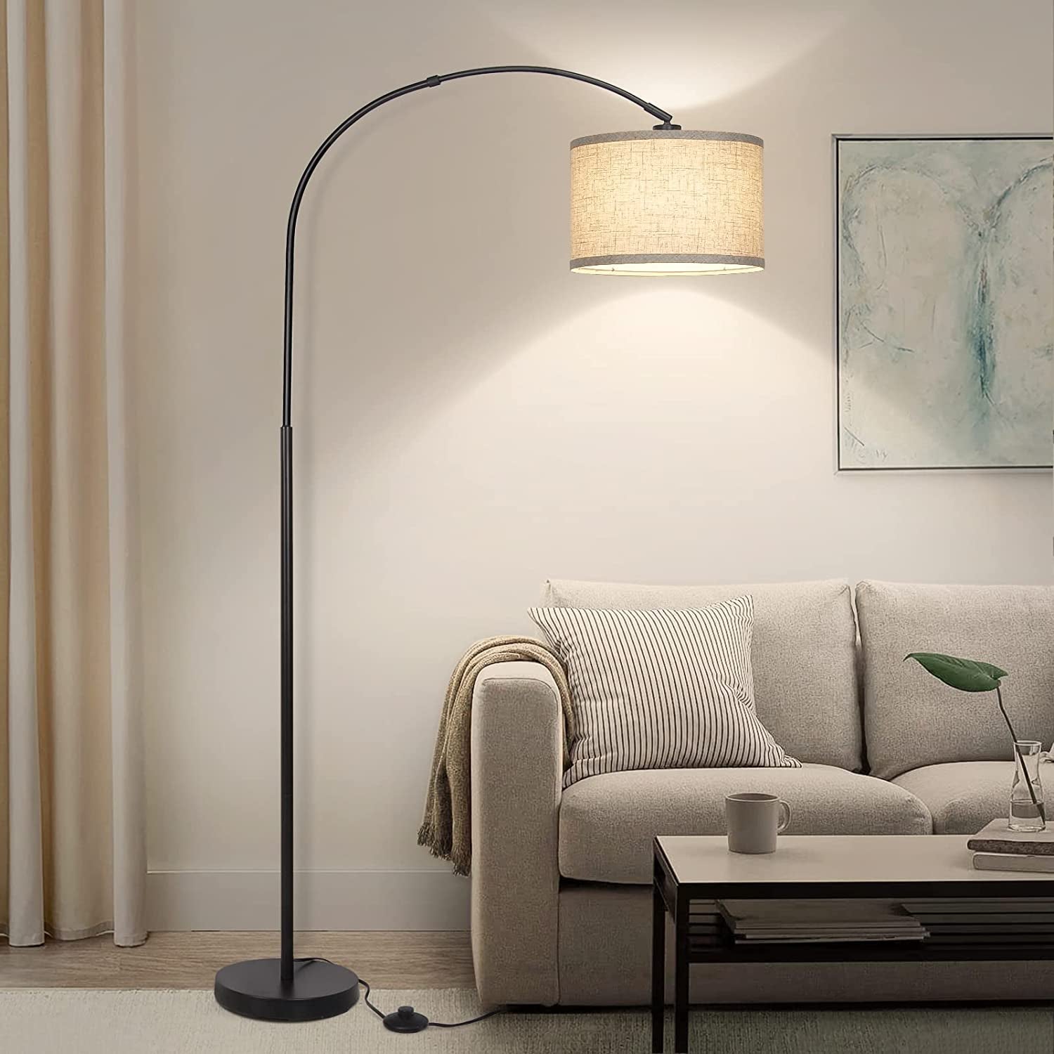 Matte Black Arc Floor Lamp With Adjustable Shade Living Room