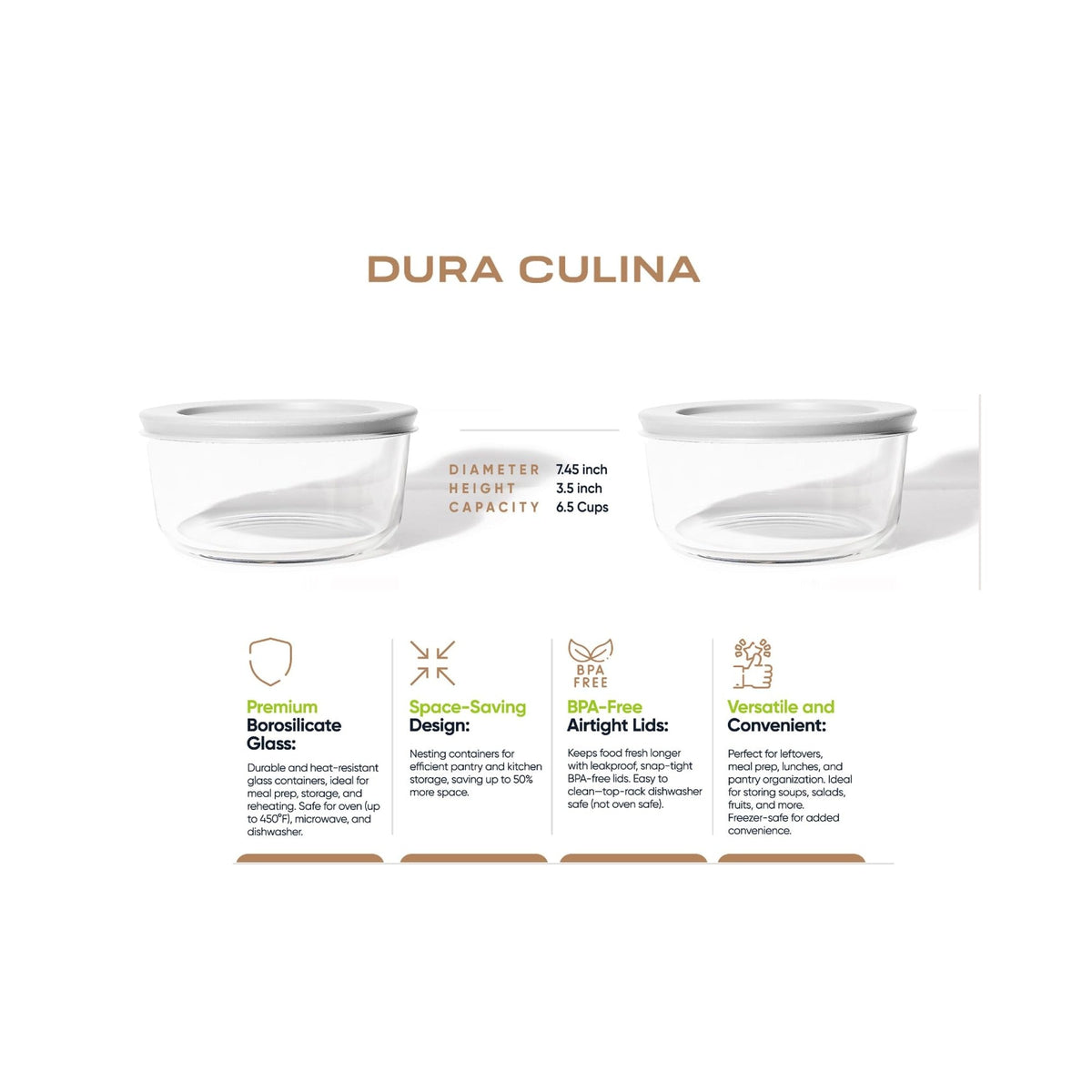 4 Piece Set (6.55 Cup / 52.4Oz) Round Glass Storage Containers With Lids, White