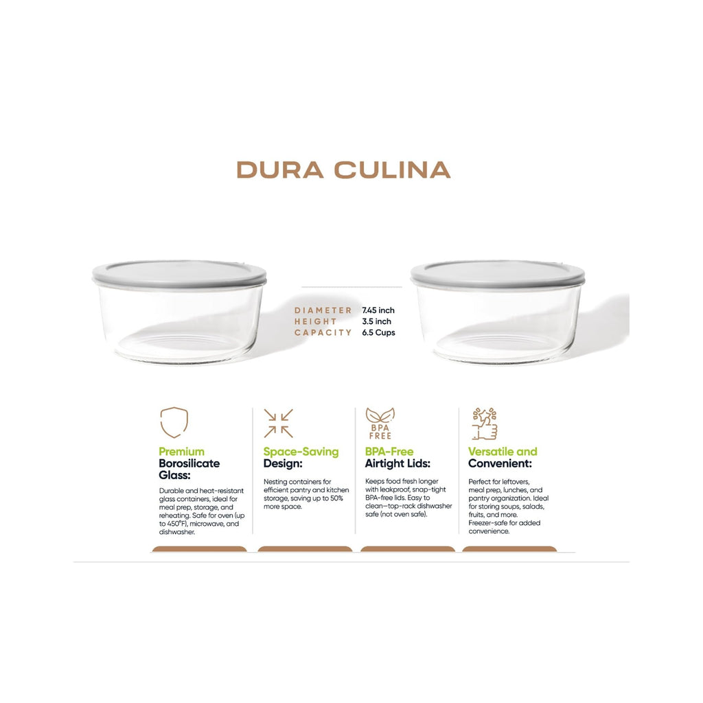 4 Piece Set (6.55 Cup / 52.4Oz) Round Glass Storage Containers With Lids, Grey