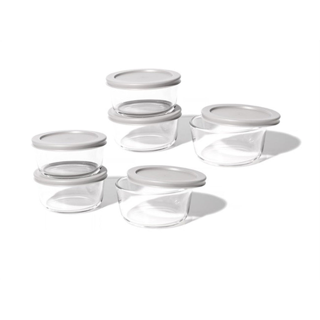 12 Piece Set (2 Cup / 16Oz) Round Glass Storage Containers With Lids, Grey