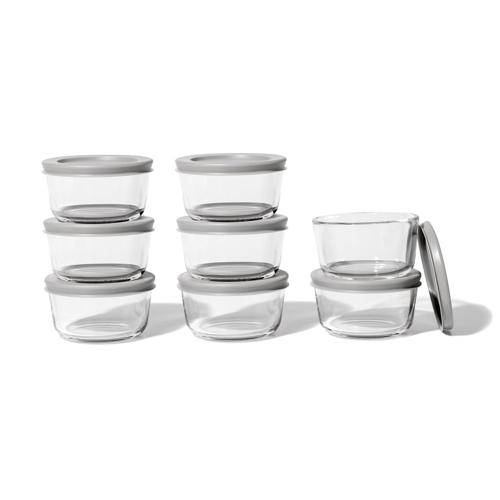 16 Piece Set (1 Cup / 8Oz) Round Glass Storage Containers With Lids, Grey