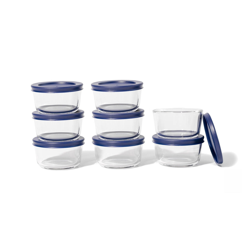 16 Piece Set (7Oz) Round Glass Storage Containers With Lids, Blue