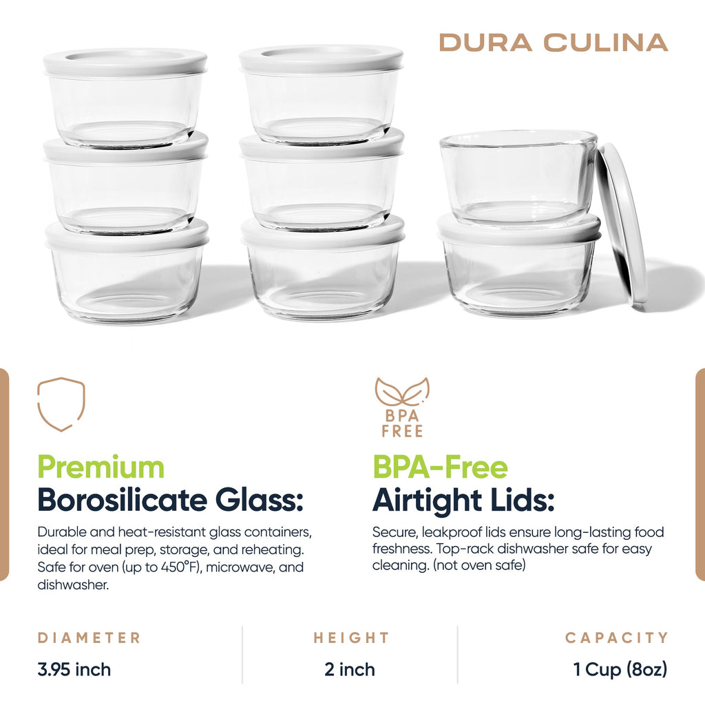 16 Piece Set (1 Cup / 8Oz) Round Glass Storage Containers With Lids, White