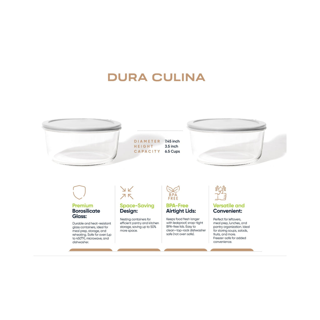 4 Piece Set (6.55 Cup / 52.4Oz) Round Glass Storage Containers With Lids, Grey
