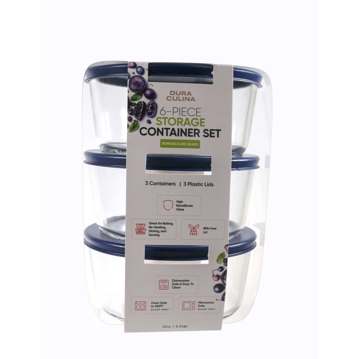6 Piece Set (4 Cup / 32Oz) Round Glass Storage Containers With Lids, Blue