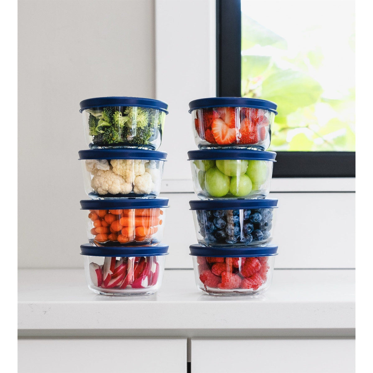 16 Piece Set (1 Cup / 8Oz) Round Glass Storage Containers With Lids, Blue
