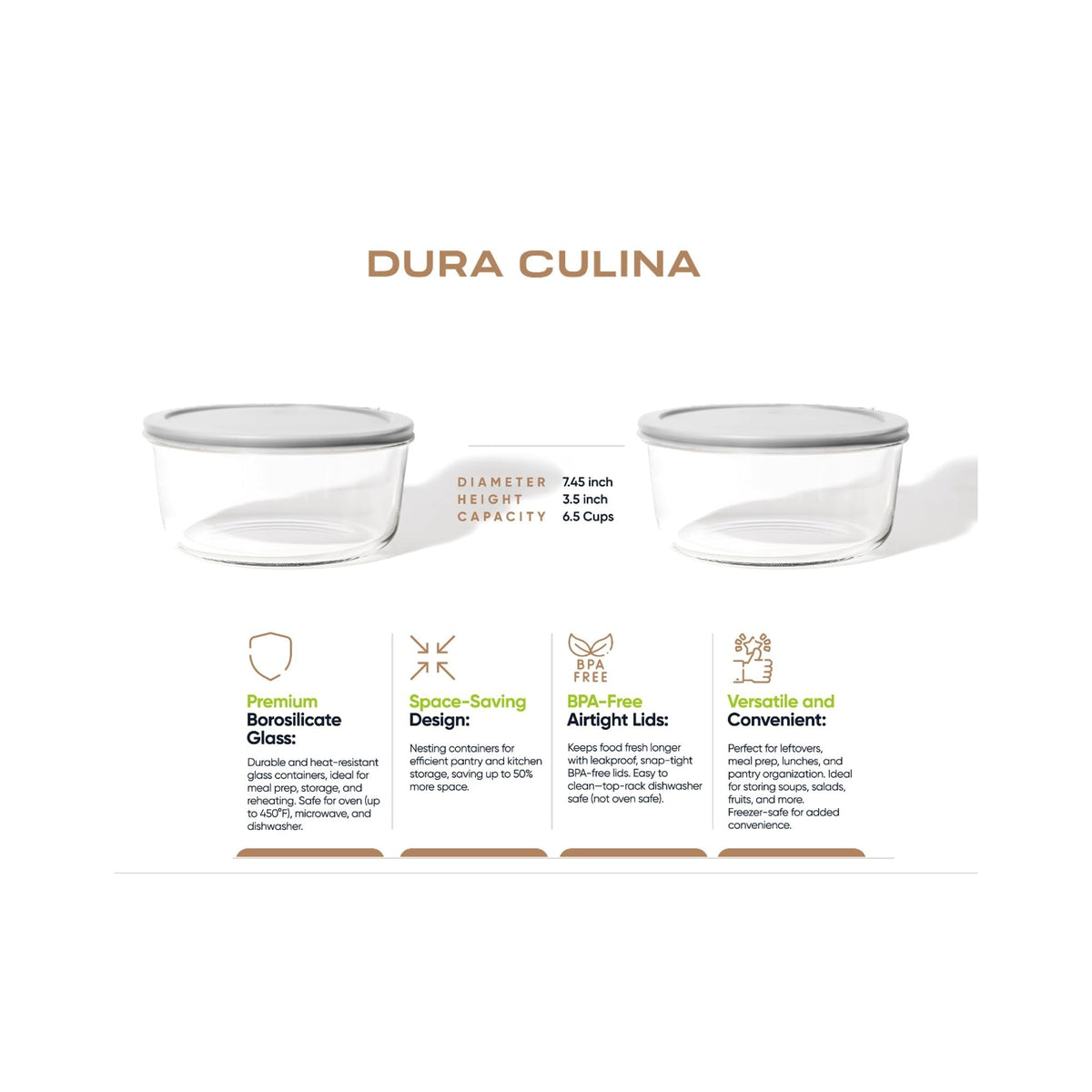 4 Piece Set (6.55 Cup / 52.4Oz) Round Glass Storage Containers With Lids, Grey