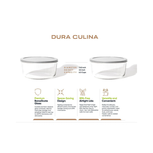 4 Piece Set (6.55 Cup / 52.4Oz) Round Glass Storage Containers With Lids, Grey