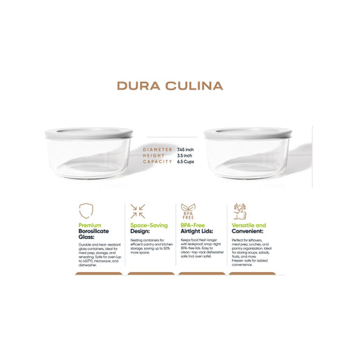 4 Piece Set (6.55 Cup / 52.4Oz) Round Glass Storage Containers With Lids, White