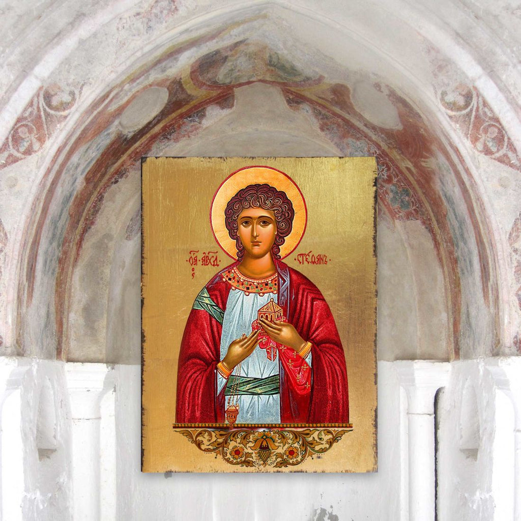 Saint Stephen Wooden Gold Plated Religious Christian Sacred Icon - Inspirational Icon Decor - 85056