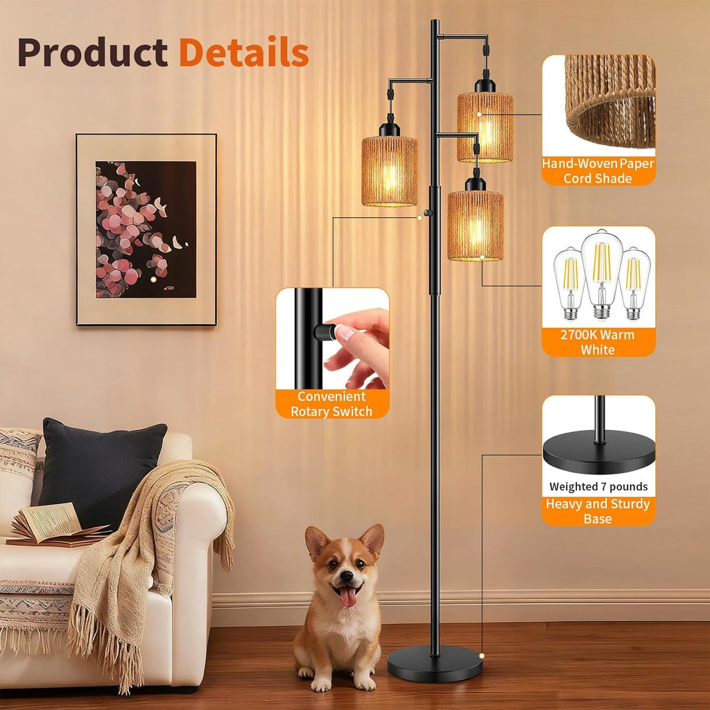 72 Inch Boho Floor Lamp Handwoven Shade Dimmable Lighting