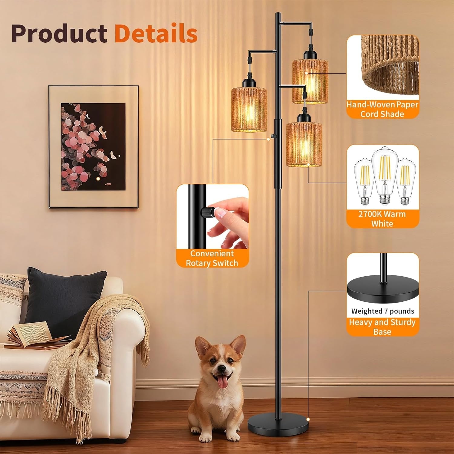 72 Inch Boho Floor Lamp Handwoven Shade Dimmable Lighting