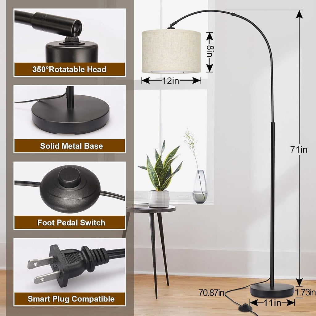 Matte Black Arc Floor Lamp With Adjustable Shade Living Room