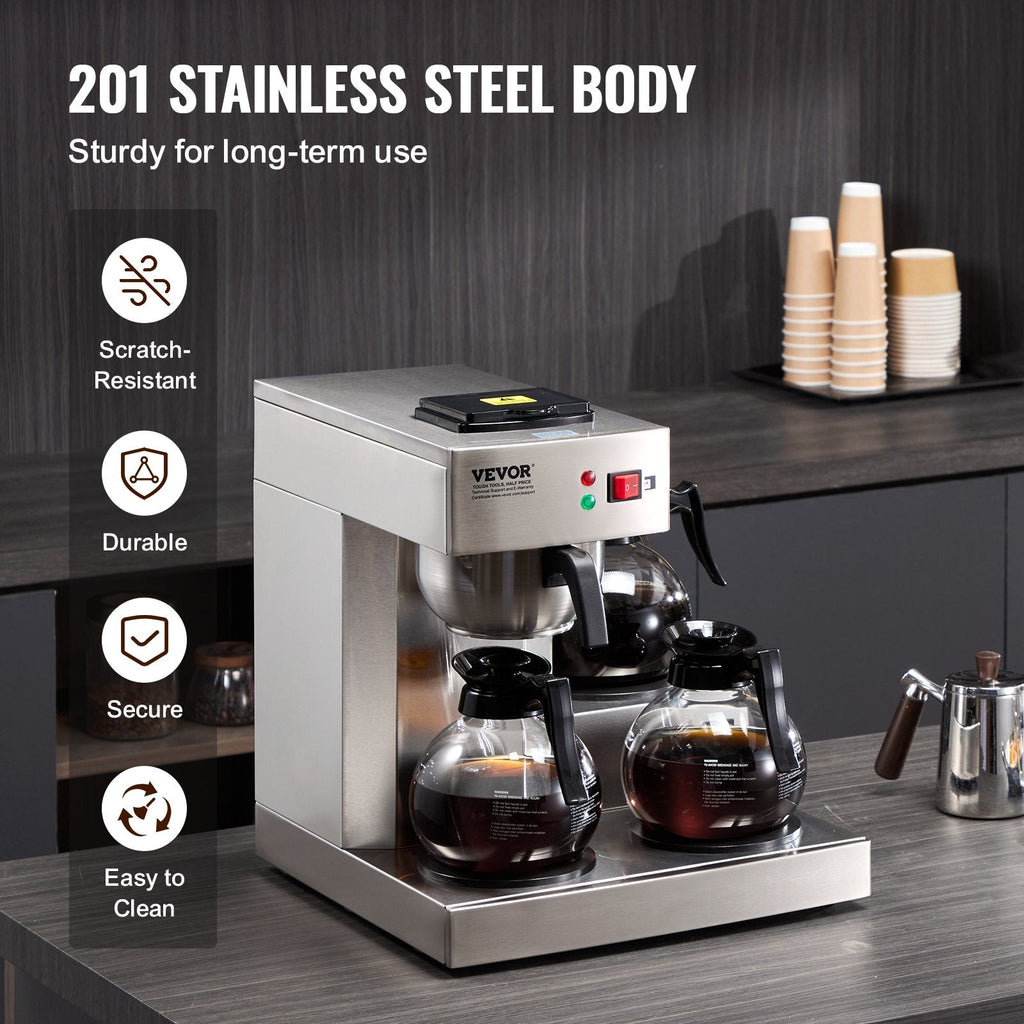 12 Cups Commercial Drip Coffee Maker With 3 Glass Carafes And 3 Warmers Office