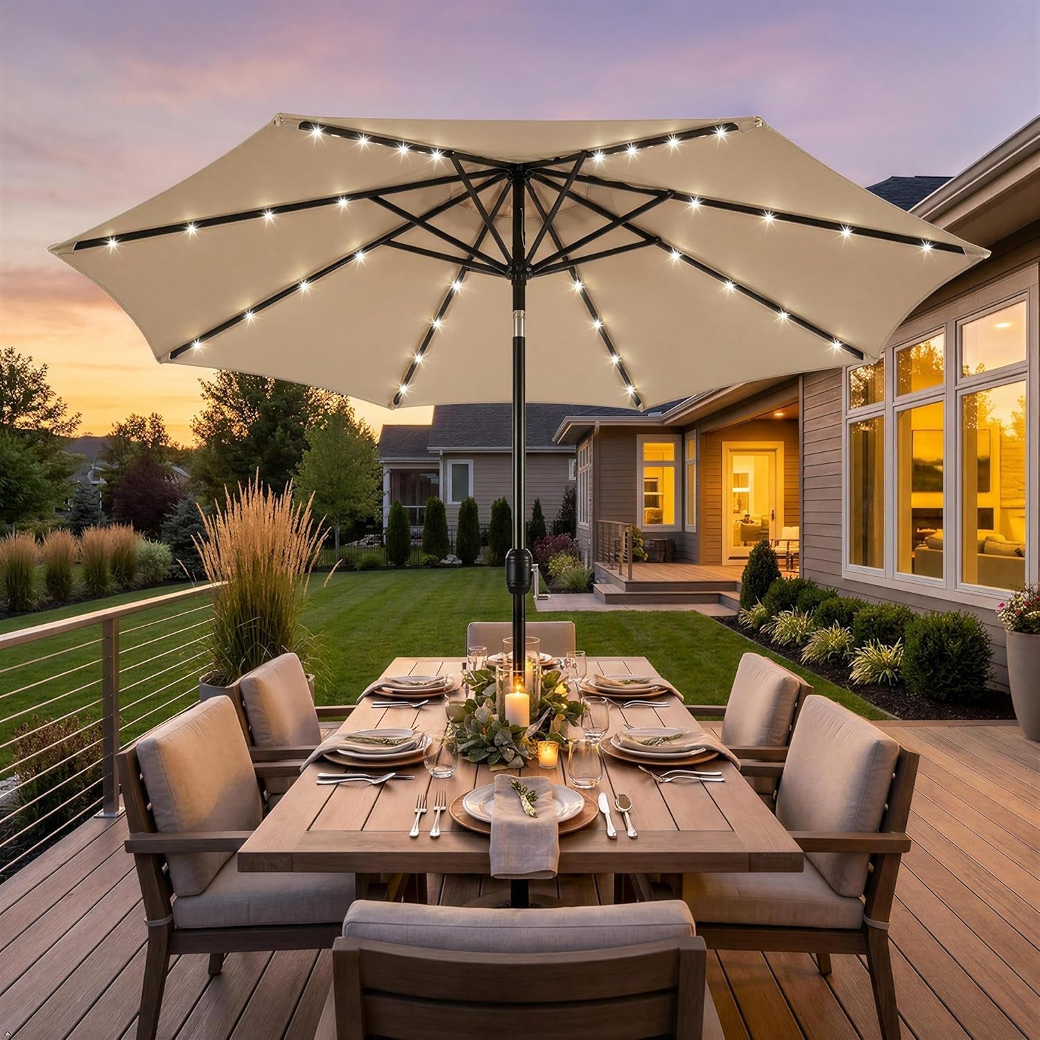9ft Tan SolarPowered WeatherResistant Patio Umbrella