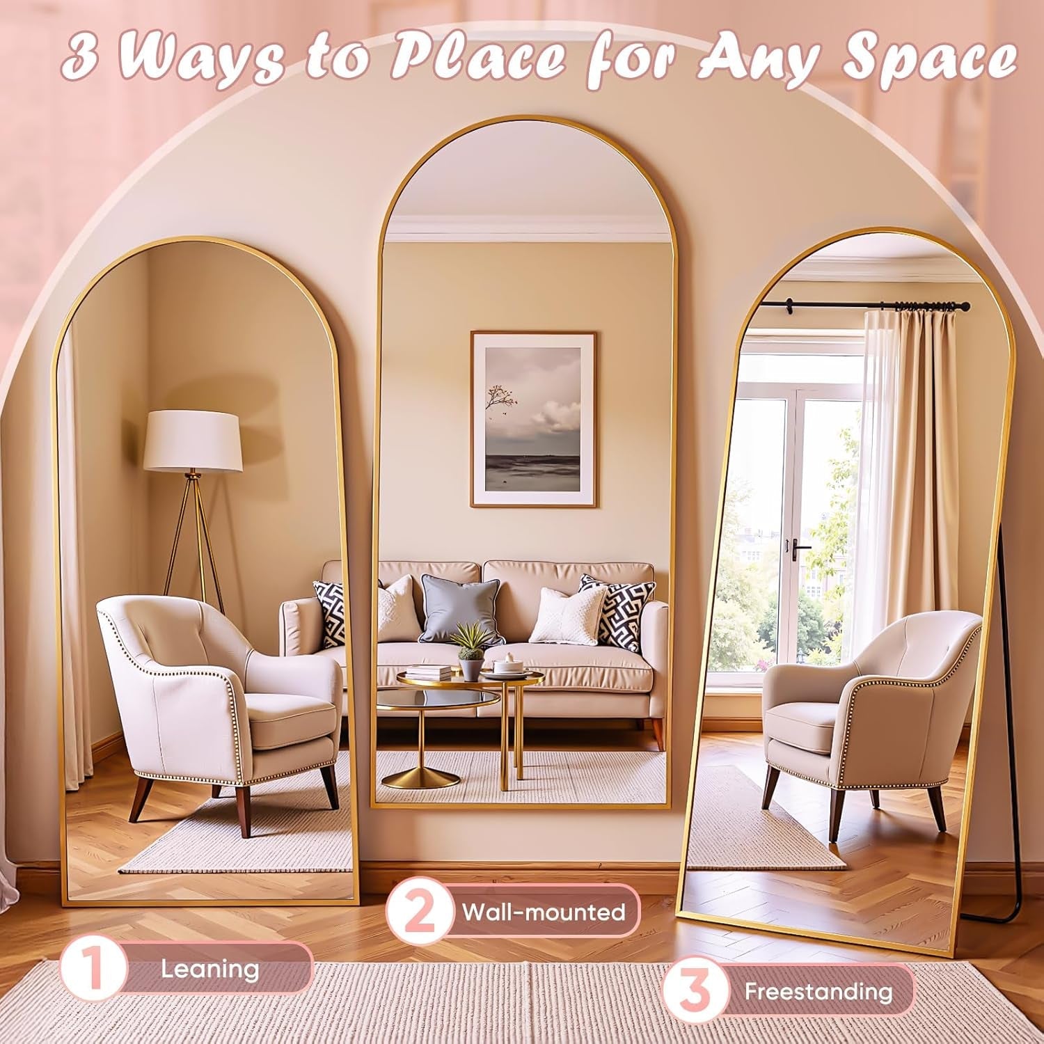 58 Inch Arched Full Length Mirror Gold Frame Standing Floor Mirror