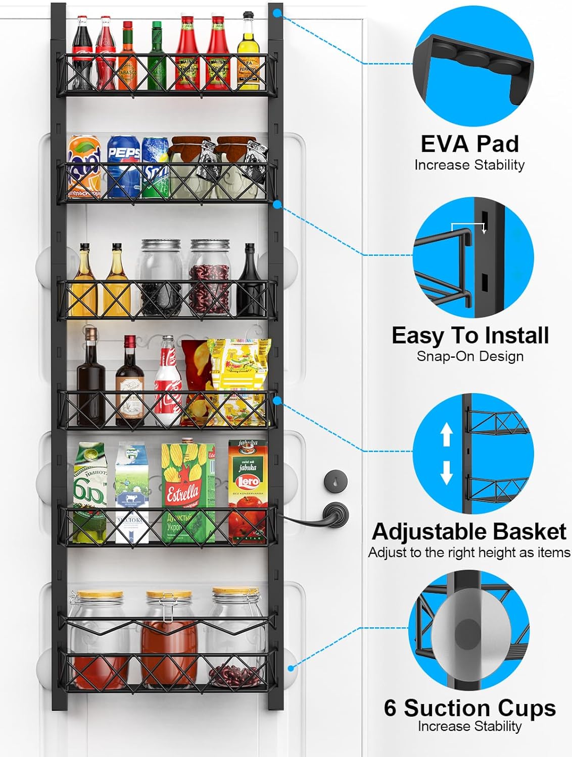 CARLA HOME 6 Tier Adjustable Baskets Over Door Pantry Organiser for Home Kitchen