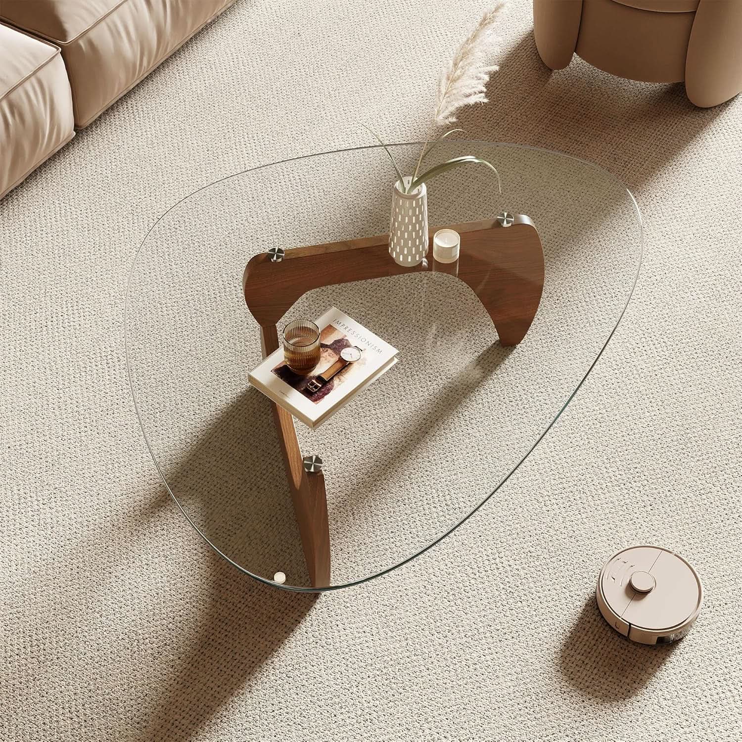 42.5 Inch Triangular Glass Coffee Table Natural Wood