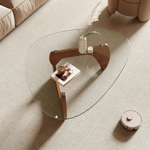 42.5 Inch Triangular Glass Coffee Table Natural Wood