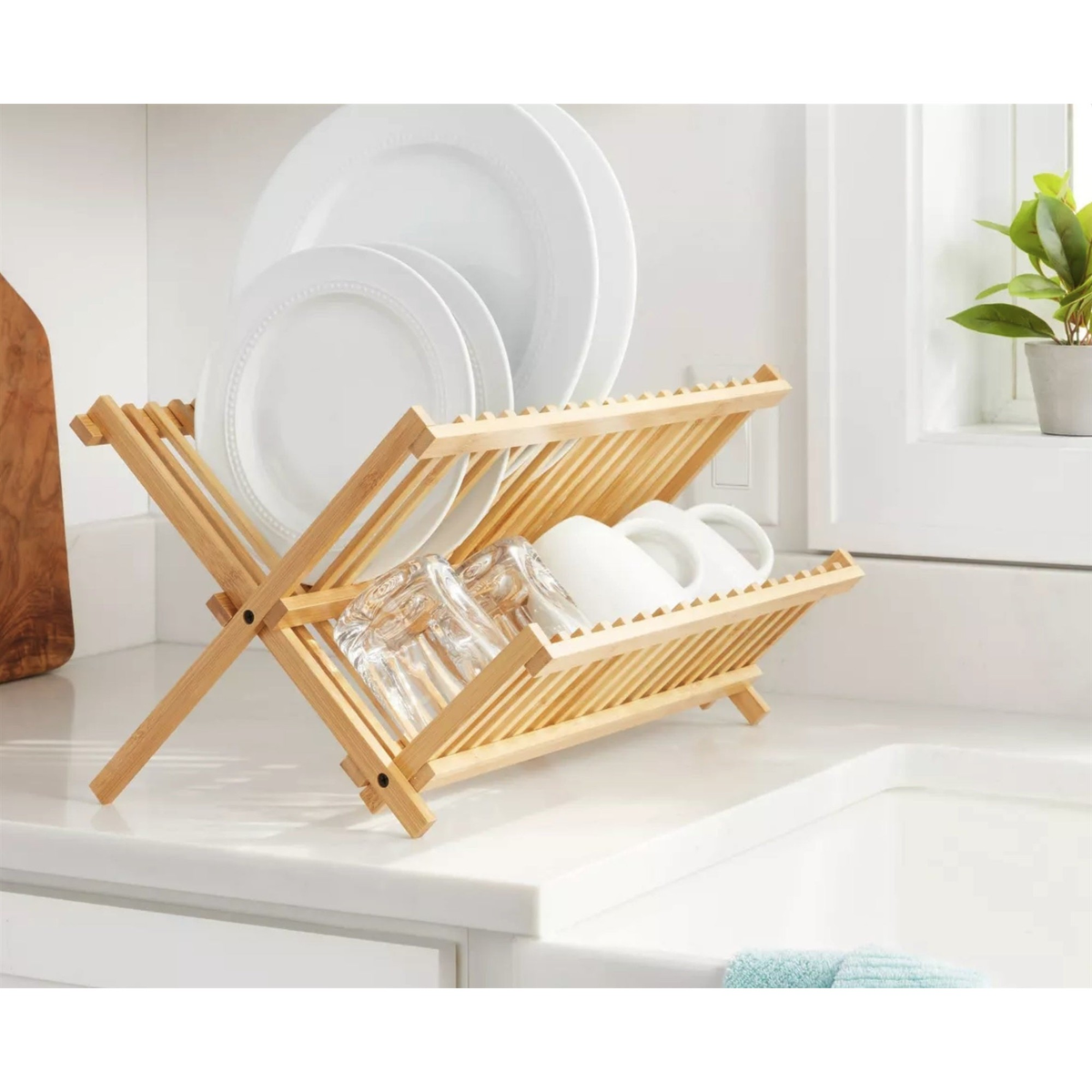 Bamboo Dish Drying Rack - 2-Tier Foldable Dish Rack for Kitchen Counter