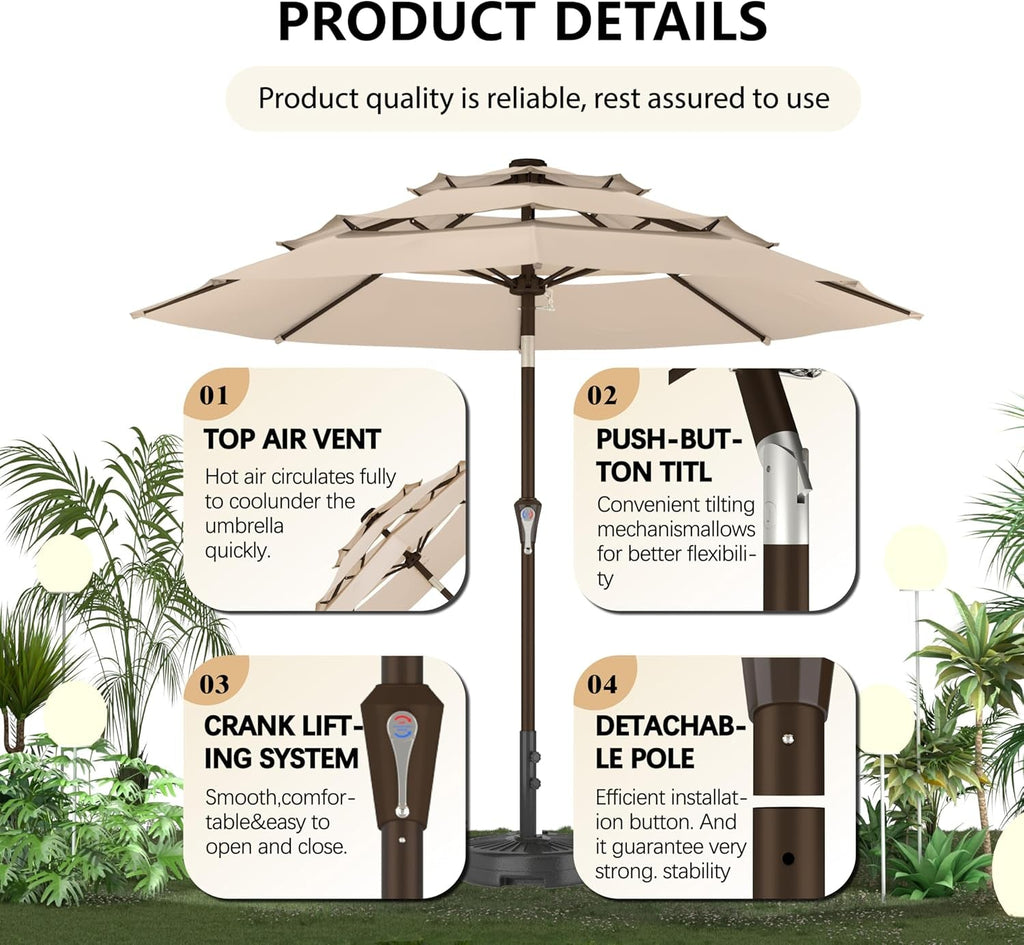 9 Ft Patio Umbrella Beige WeatherproofAllSeasonFabricUVCoated