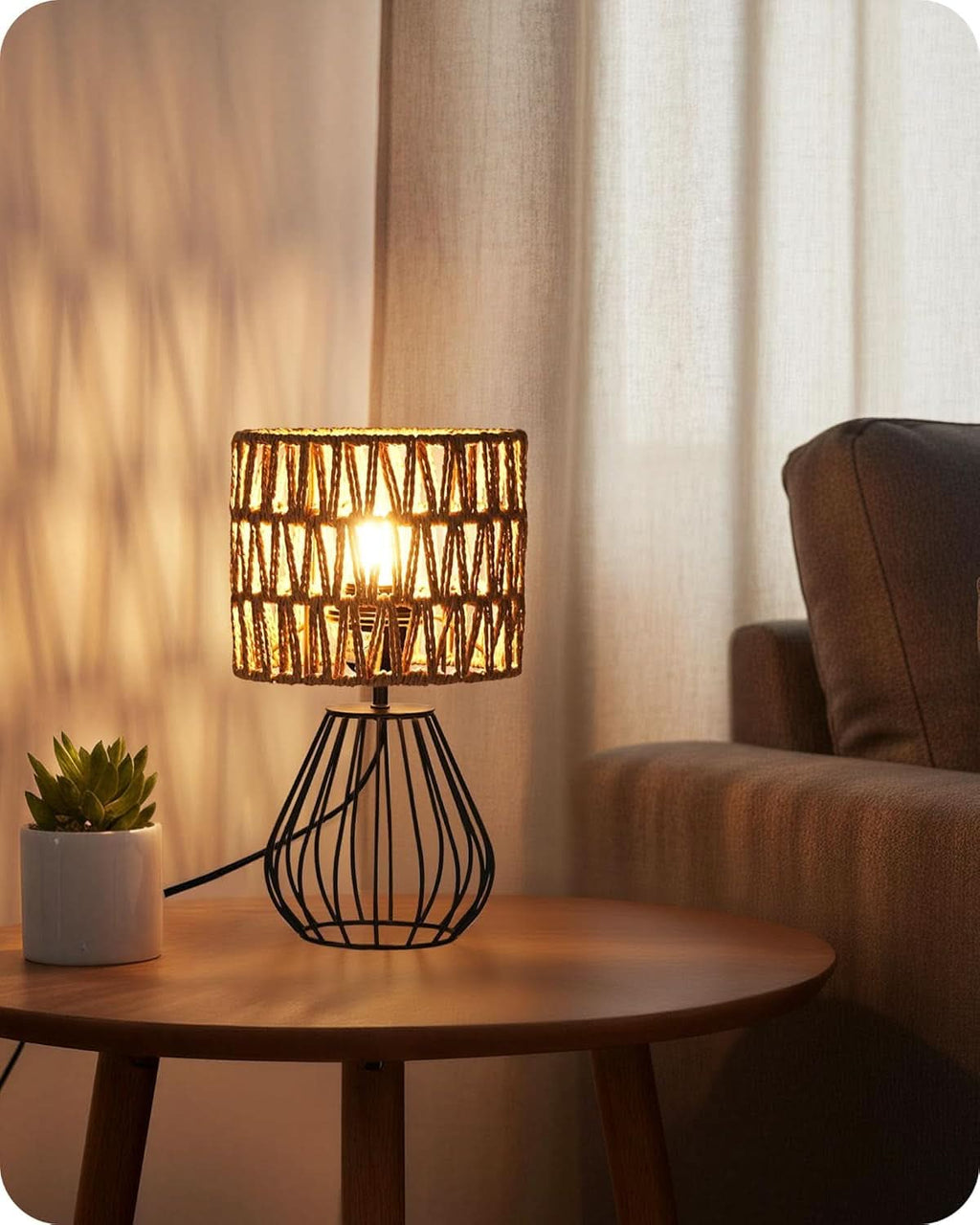 Small Black Boho Bedside Lamp Handwoven Shade Black Metal Base