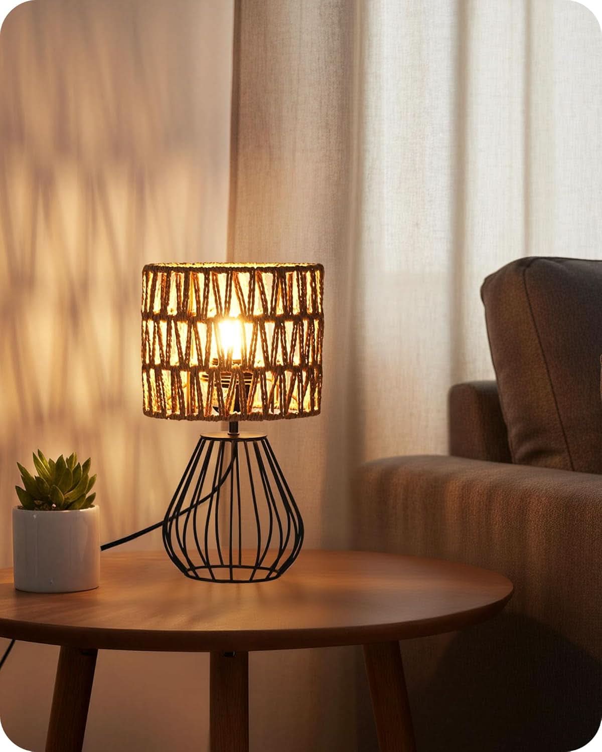 Small Black Boho Bedside Lamp Handwoven Shade Black Metal Base