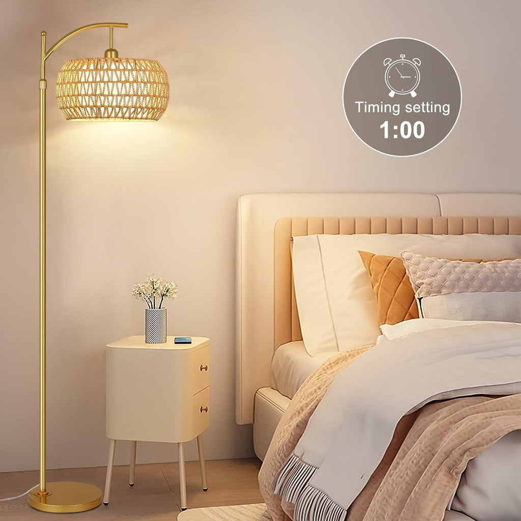 Gold Arc Floor Lamp Remote Dimmable Boho Rattan Shade