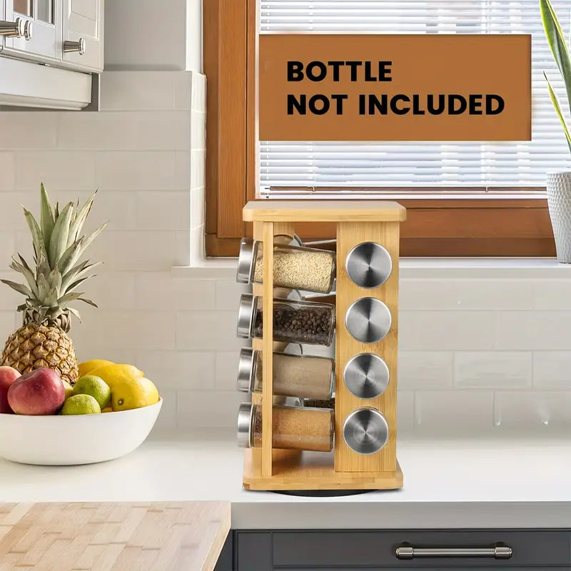 NNETM Bamboo Revolving Spice Rack - 16-Jar Countertop Organizer for Kitchen Storage
