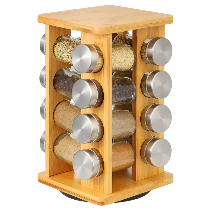 NNETM Bamboo Revolving Spice Rack - 16-Jar Countertop Organizer for Kitchen Storage