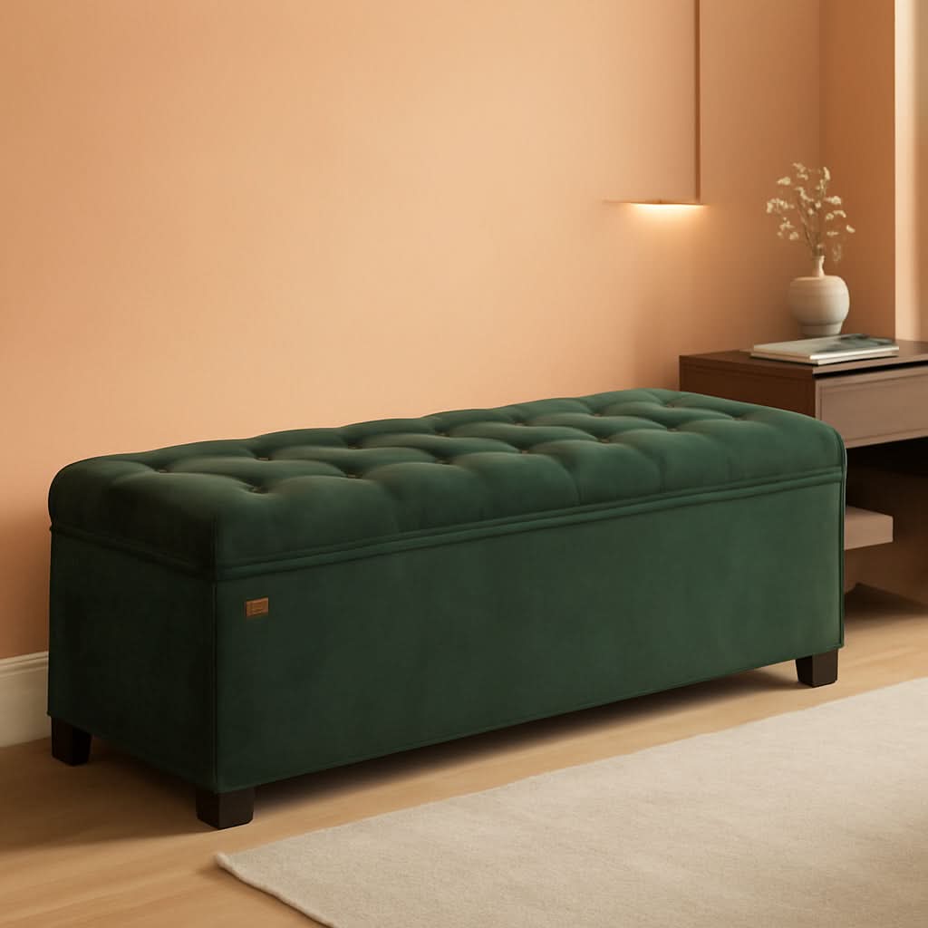 Forest Green Velvet Storage Ottoman Bench Entryway