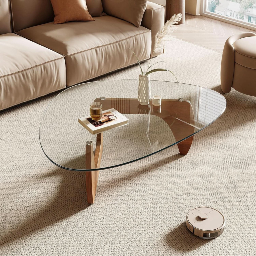42.5 Inch Triangular Glass Coffee Table Natural Wood