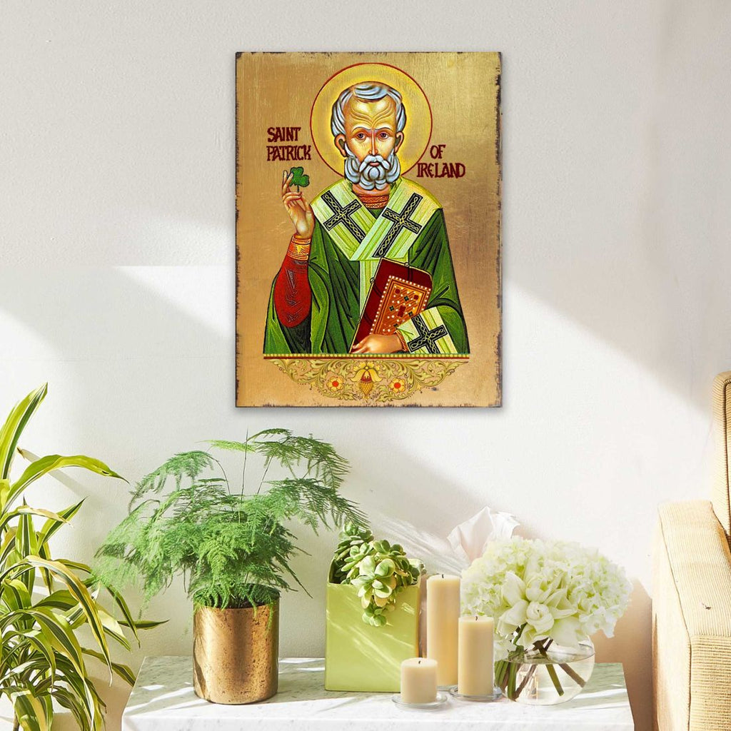 Saint Patrick Wooden Gold Plated Religious Christian Sacred Icon - Celtic Decor - 85060