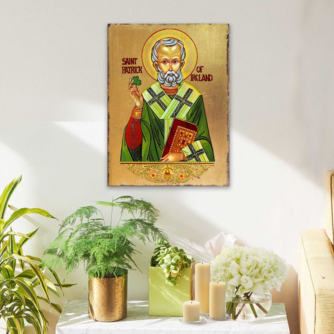 Saint Patrick Wooden Gold Plated Religious Christian Sacred Icon - Celtic Decor - 85060